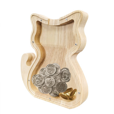 Winston Porter Wood Cat Piggy Bank, Savings Piggy Bank for Kids, Cute Money Bank Coin Keepsake for Boys and Girls