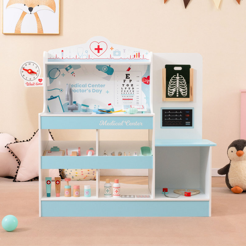 Wooden Doctor Playset Role Play Medical Toy W/stethoscope Ecg Monitor, X-ray Film, Blue