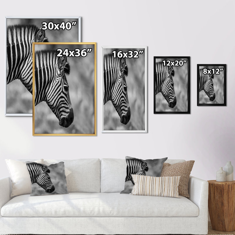 Tête de zèbre africain en noir et blanc - Impression sur toile, H 36 po x l 24 po, Cadre flottant doré