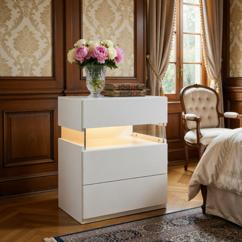 Commode à 3 tiroirs à DEL pour tables de bout de chambre à coucher avec tableau en acrylique Tables de chevet à DEL pour meubles de chevet (blanc)