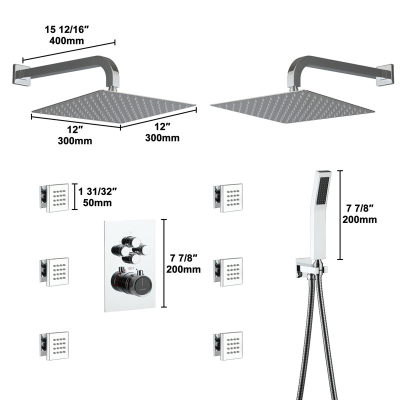 Chrome Dual Head Thermostatic Rainfall Shower System with Jets