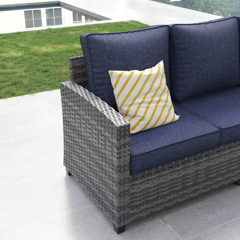 3-Person Patio Conversation Sofa, Navy Cushion/Gray Frame