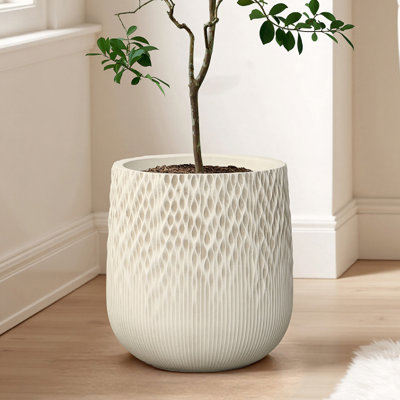 Grands pots à fleurs texturés H 14,4 po, grand pot blanc cassé avec trou de drainage