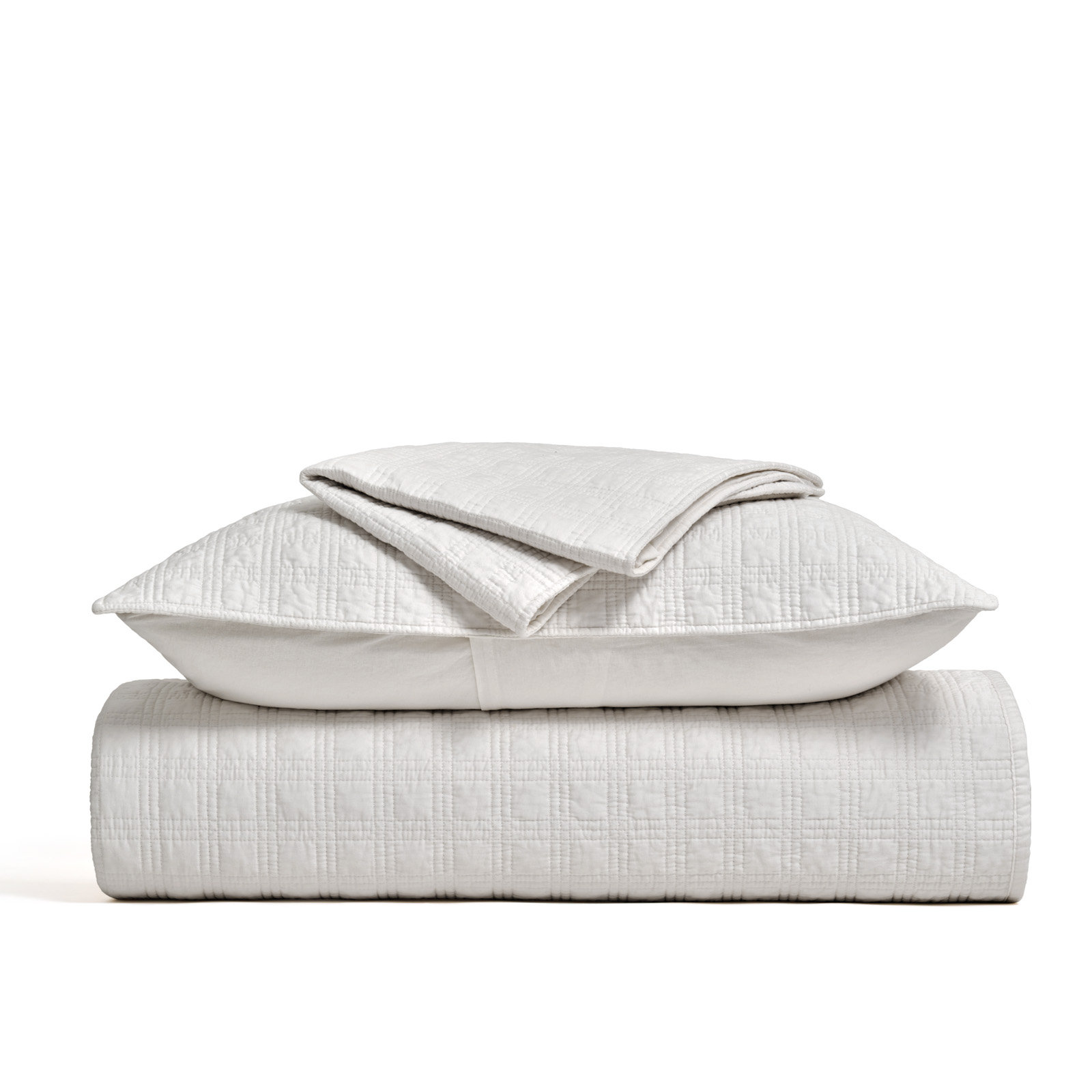 Cotton Sateen Quilt Set, Queen Quilt + 2 Queen Shams, Bright White
