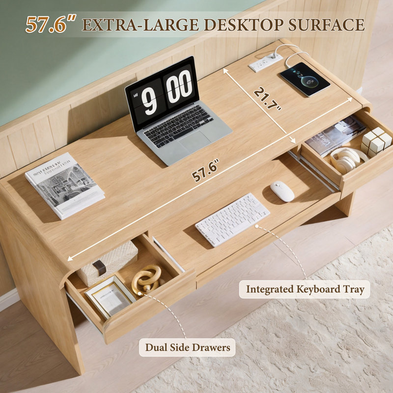 Bureau d'ordinateur moderne Maud de 63 po avec 2 tiroirs de rangement, bureau d'écriture avec plateau pour clavier et prise de courant pour bureau à domicile Maud