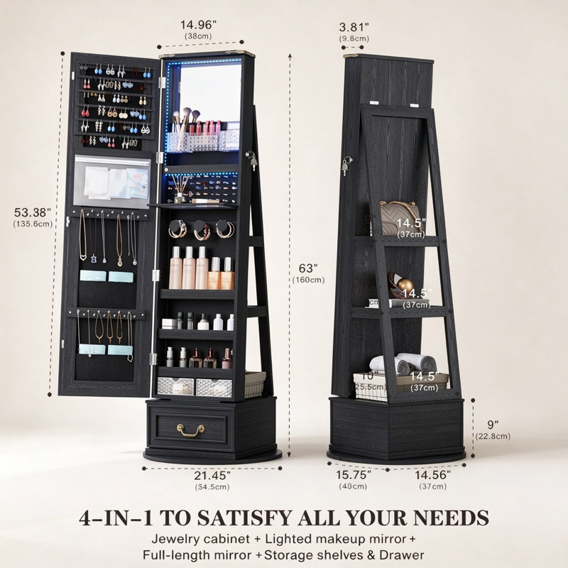 360° Swivel Jewellery Organiser with Full-Length Mirror, LED Lights, Freestanding Cabinet with Drawers, Large Storage for Bedroom & Living Room, Black