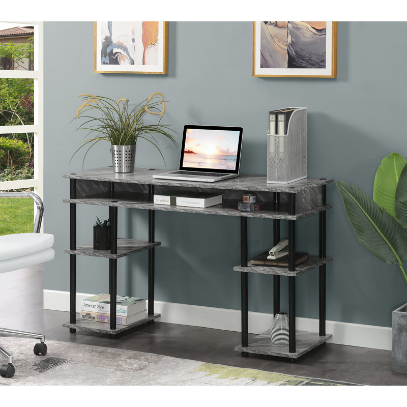 Bureau d'écriture avec tablettes sans outils Edwin, Imitation marbre gris / mâts noirs