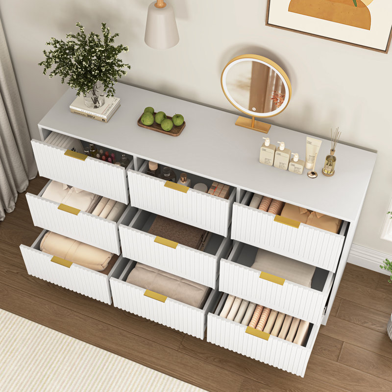 Commode cannelée l 63 po à 9 tiroirs avec poignée dorée, Blanc