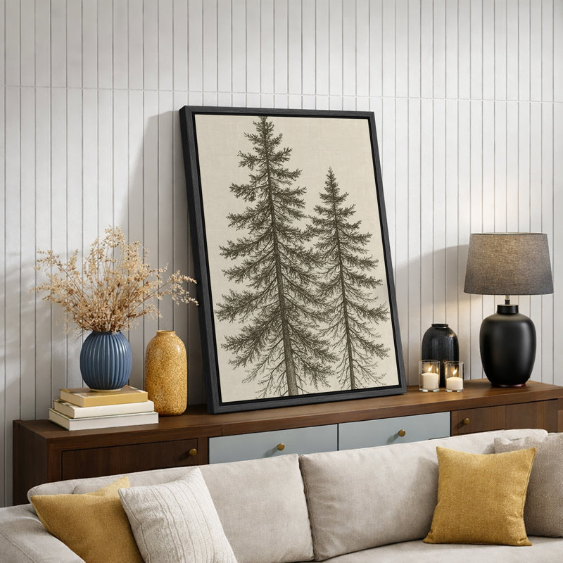 «Tall Pine Trees Classic Botanical Nature Art», reproduction d'art sur toile encadrée, H 36 po x l 24 po, Noir
