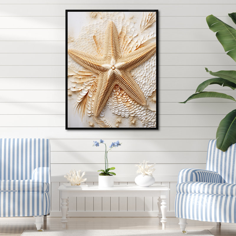 Étoile de mer minimalisme beige et or I, H 32 po x l 24 po x P 1 po, Cadre flottant noir