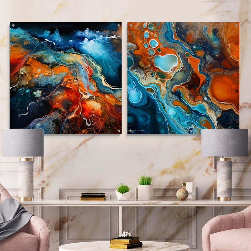 «Blue and Brown Geyser», art liquide, ensemble de 2 peintures murales en acrylique, H 36 po x l 73 po