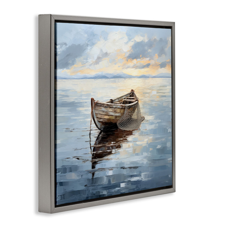 Peinture d'un bateau de pêche, Cadre flottant gris lustré, H 25 po x l 25 po