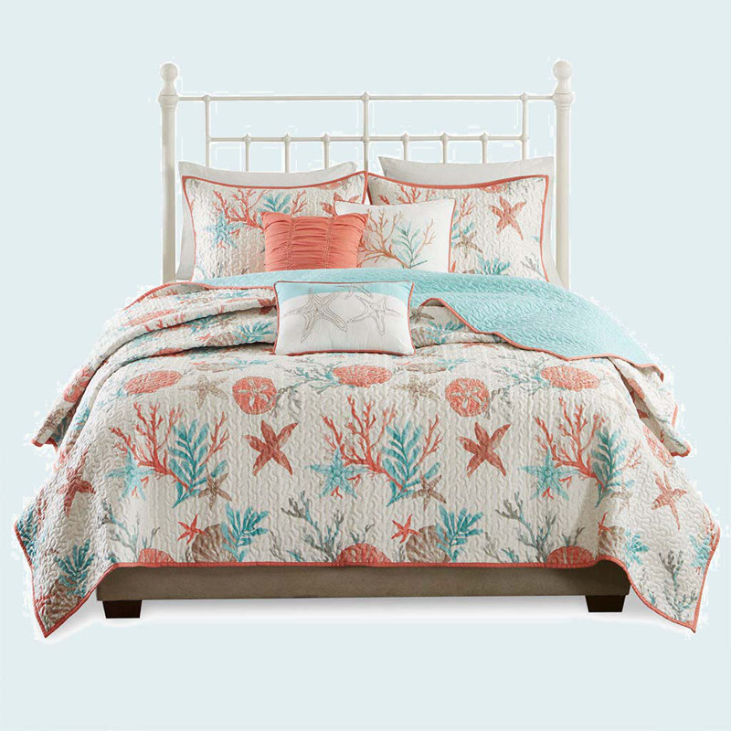 6 Piece Cotton Sateen Quilt Set With Throw Pillows Coral Full/Queen, Courtepointe double + 2 taies décoratives standar