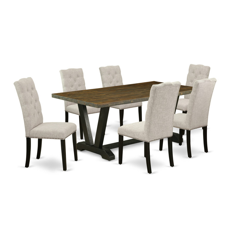 7-Piece Set Distressed Jacobean Dining Table top and 6 Beautiful Doeskin Parson Dining chairs with Nail Heads and Button Tufted, Wire Brushed Black Finish