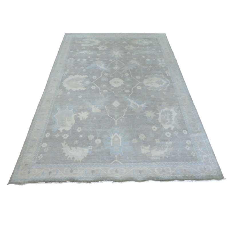 Tapis oriental turc Oushak fin noué à la main gris / bleu / doré, Rectangle 10 pi 2 po x 14 pi 3 po