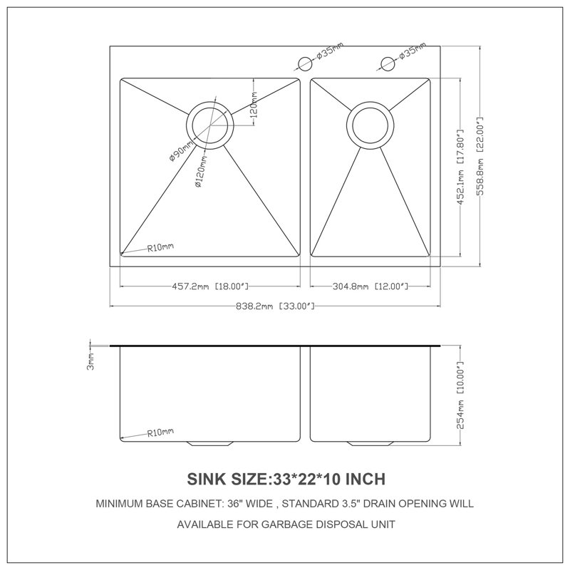 Double Bowl Drop In Sink- 33"X22" Gunmetal Black  Double Bowl Kitchen Sink 16 Gauge With Two 10" Deep Basin(60/40)