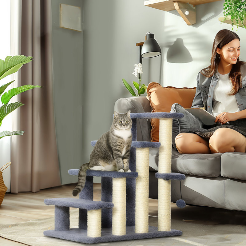 Escalier pour chat, 4 niveaux avec poteaux à griffer et jeu suspendu, marche latérale pour chats jusqu'à 10 livres, poteaux à marches grises et admirateurs