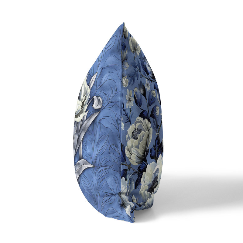 Coussin Peony, Bleu / Crème, H 16 po x l 16 po