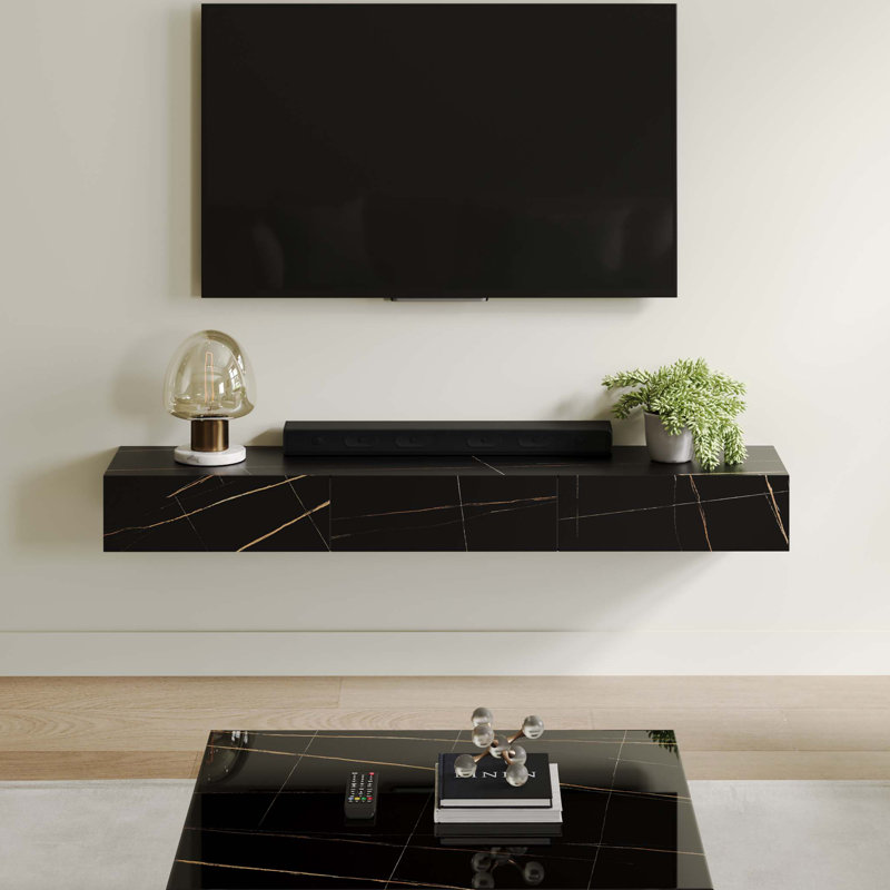 Hithin Floating TV Stand, Entertainment Center with Drawers, Solid Wood, Fully-Assembled, Black, 70.87"