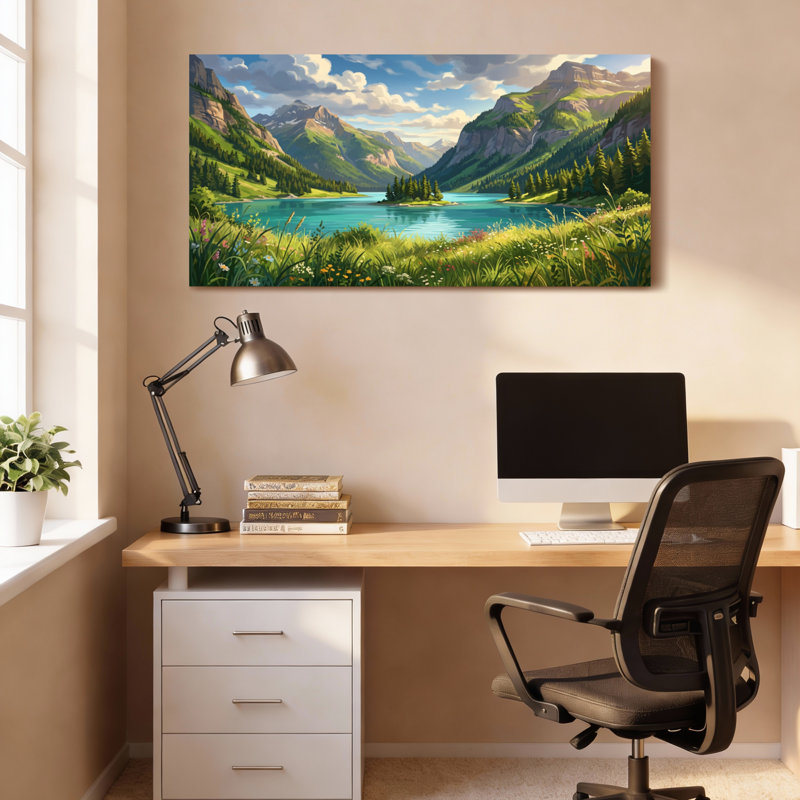 Ensemble de 1 tableau sur toile représentant un paysage de lac de montagne, H 16 po x l 32 po