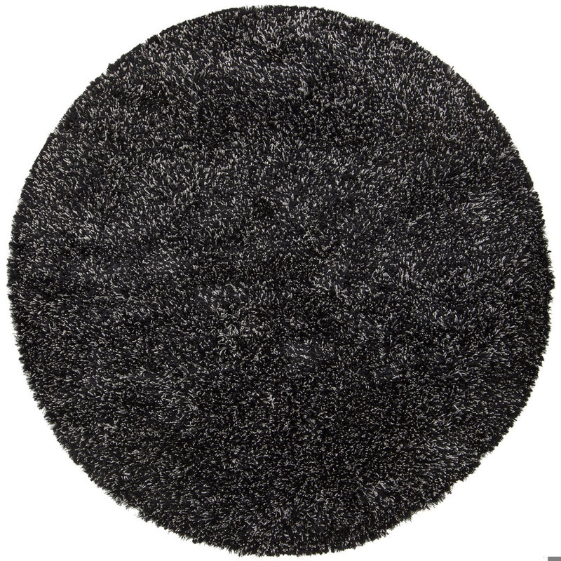 Themis Authentic Hand-Woven Handmade High Pile Modern Ribbon Shag Polyester Area Rug, Round 7'9", Black and Gray