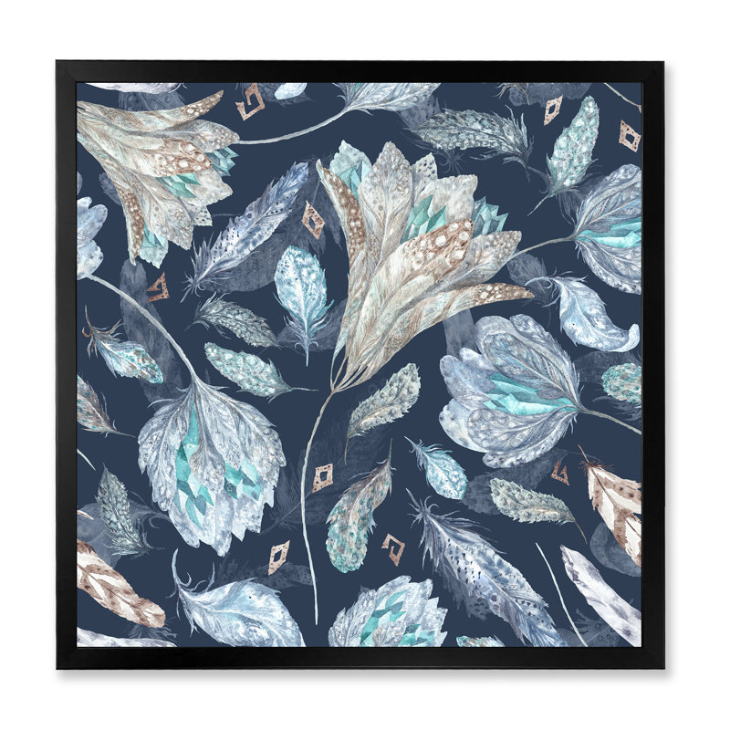 Motif botanique bleu marine - Peinture sur toile encadrée, H 36 po x l 36 po x P 1,5 po, Cadre noir