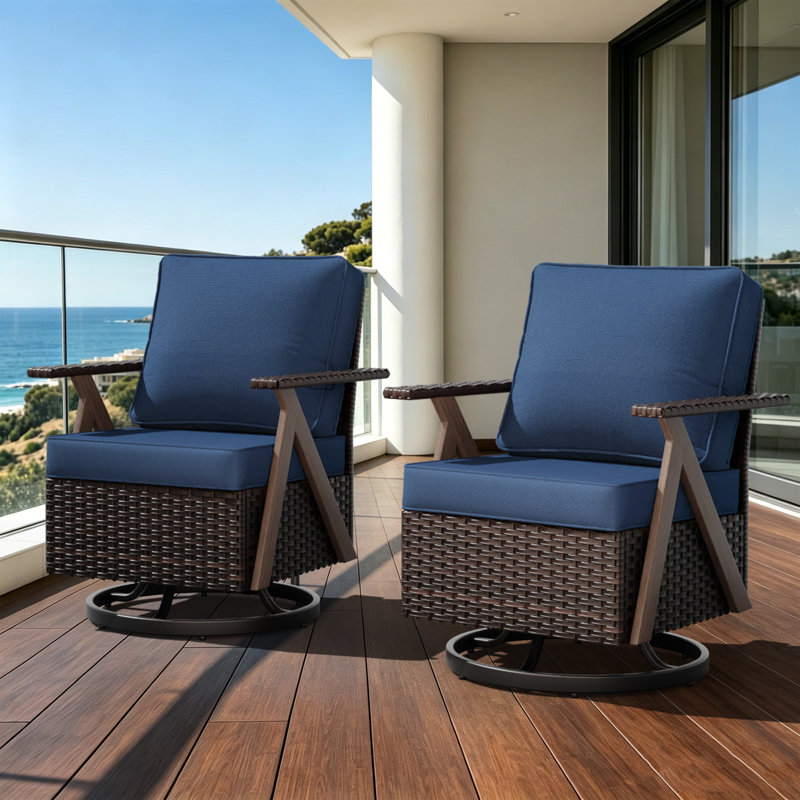2-Person Polyethylene (PE) Wicker Outdoor Lounge R-Armrest, Swivel & Rocking Chair with Blue Cushions, Blue