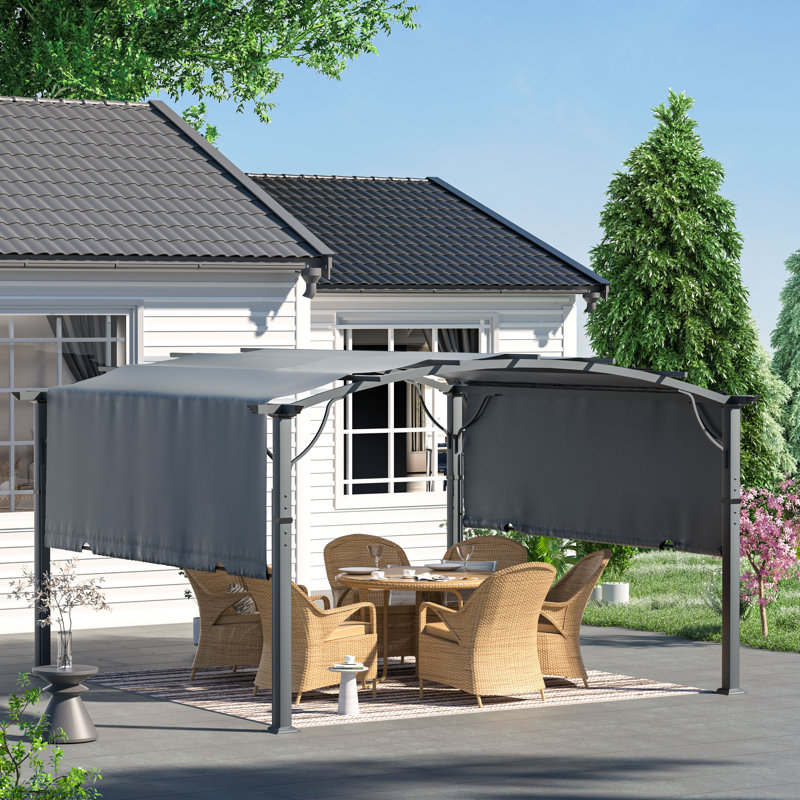 Aluminum Outdoor Pergola with Slightly Arched Canopy and Retractable Shade, Gray, 11.78 ft x 11.78 ft