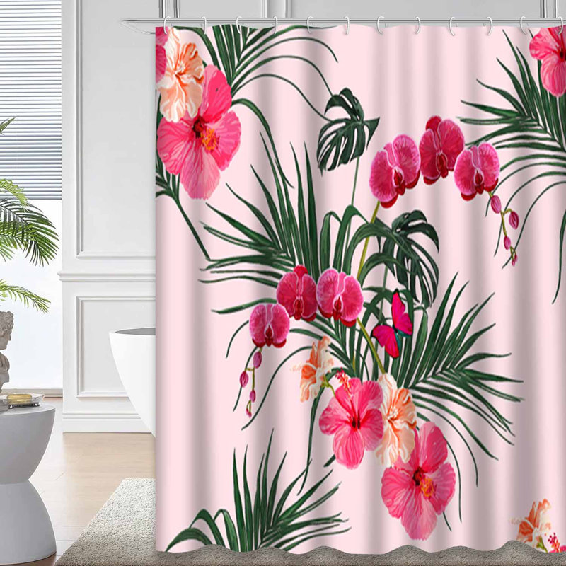 Rideau de douche imperméable à motif floral hibiscus tropical avec 12 crochets, L 72 po x l 84 po