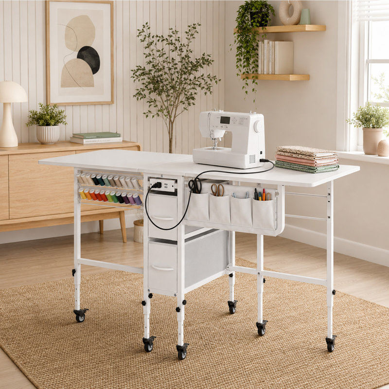 Table de couture pliable de 56,7 po x P 23,6 po avec roues et station de charge, réglable en hauteur