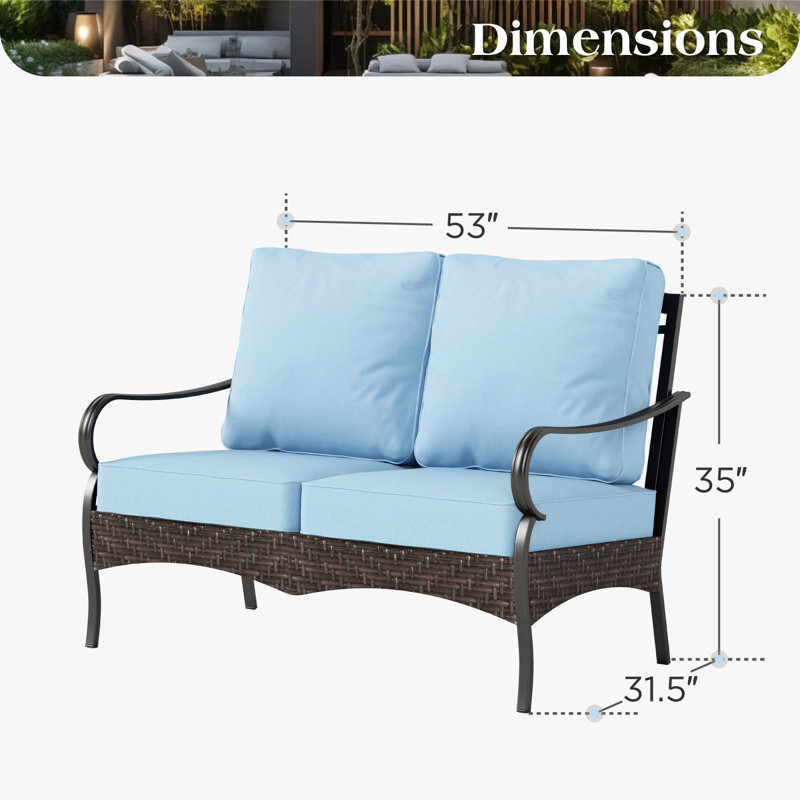 53'' Wide Metal Outdoor Loveseat with Cushions & Wicker Decor, Blue