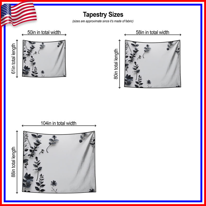 Tapisserie murale fleurs noires - décoration murale florale, H 104 po x 88 avec 4 œillets