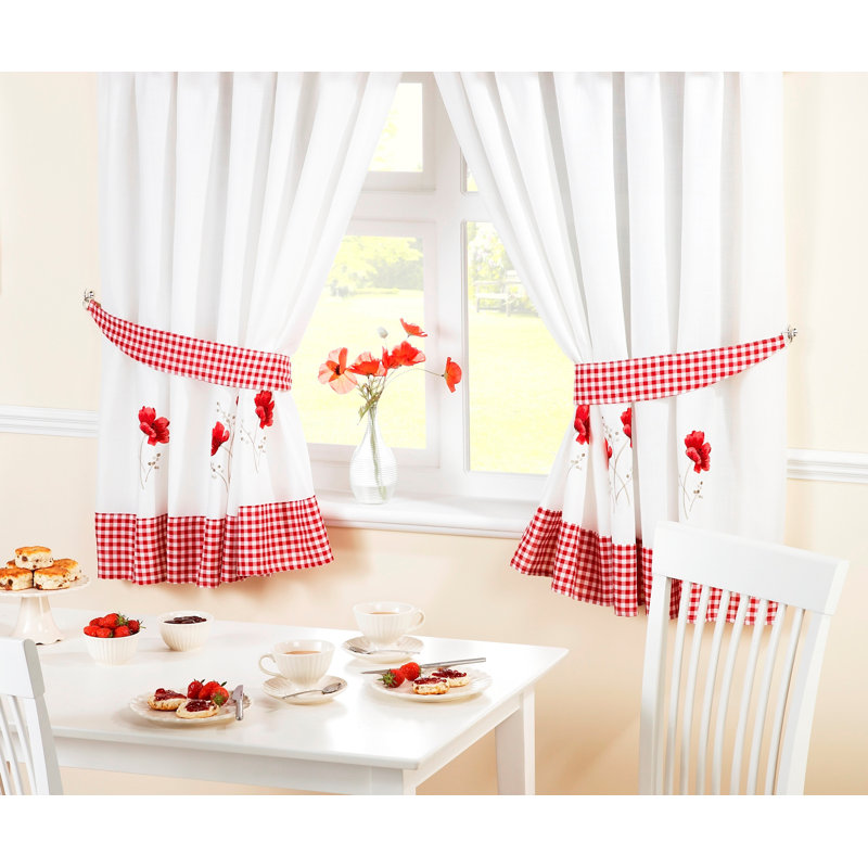 Anakie Semi Sheer Curtain Pair, White/Red, 116 W x 137 D cm