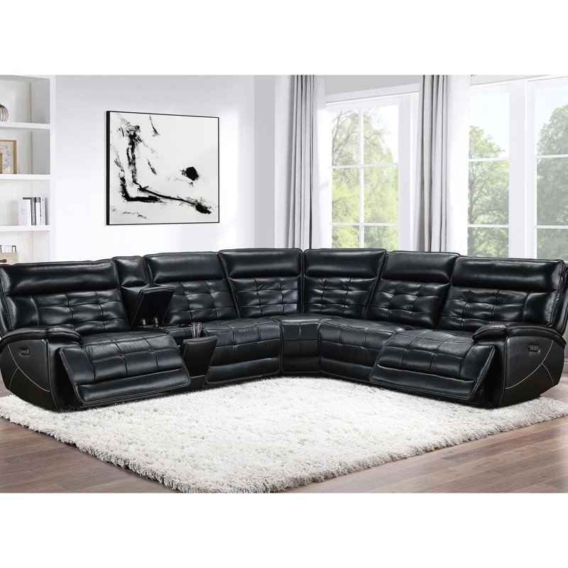 Canapé modulaire en cuir noir à double puissance avec capitonnage à grille moderne et porte-gobelets amovibles pour la console