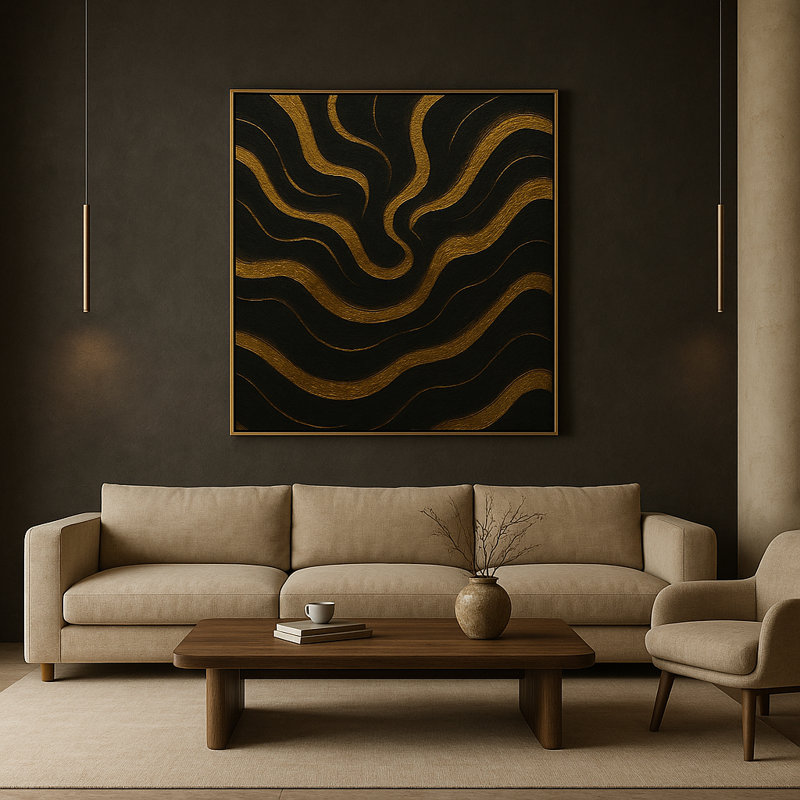 Golden Equilibrium Framed Canvas Wall Art by Kasian Art Studio - Black Frame
