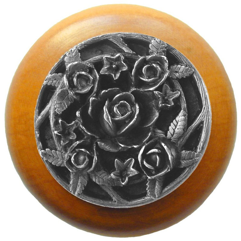 Poignée champignon floral de 1,5 po de diamètre, Étain antique / bois d'érable