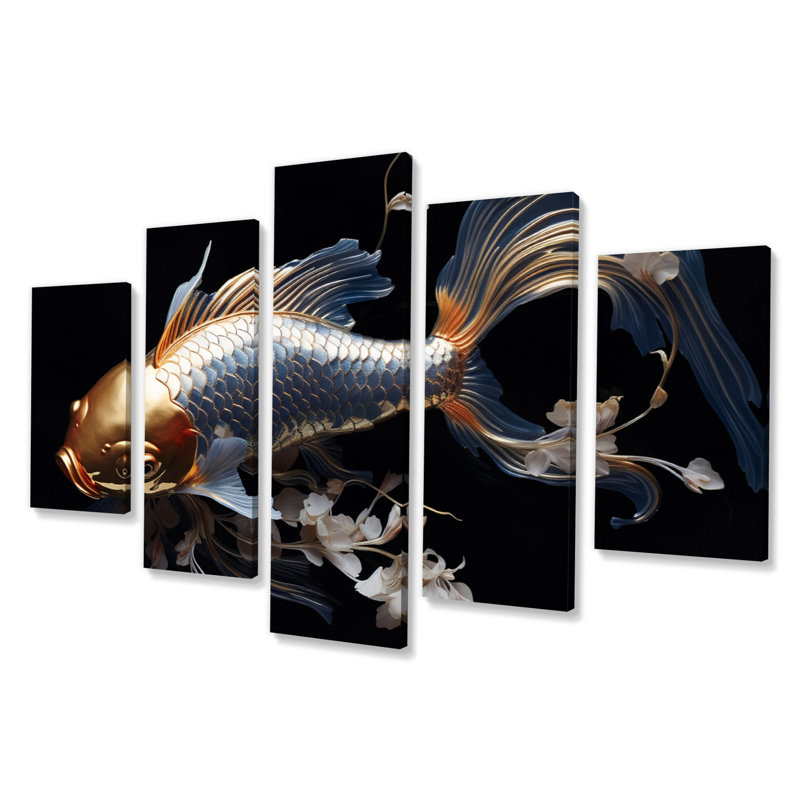Gold Kois Fish Mysterious Shadows - Animaux, art mural, salon - 5 panneaux