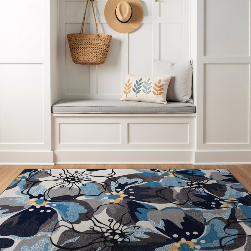 Florentia Floral Black/Gray/Cream Non-Slip Rubberback Area Rug, Rectangle 4' x 6'