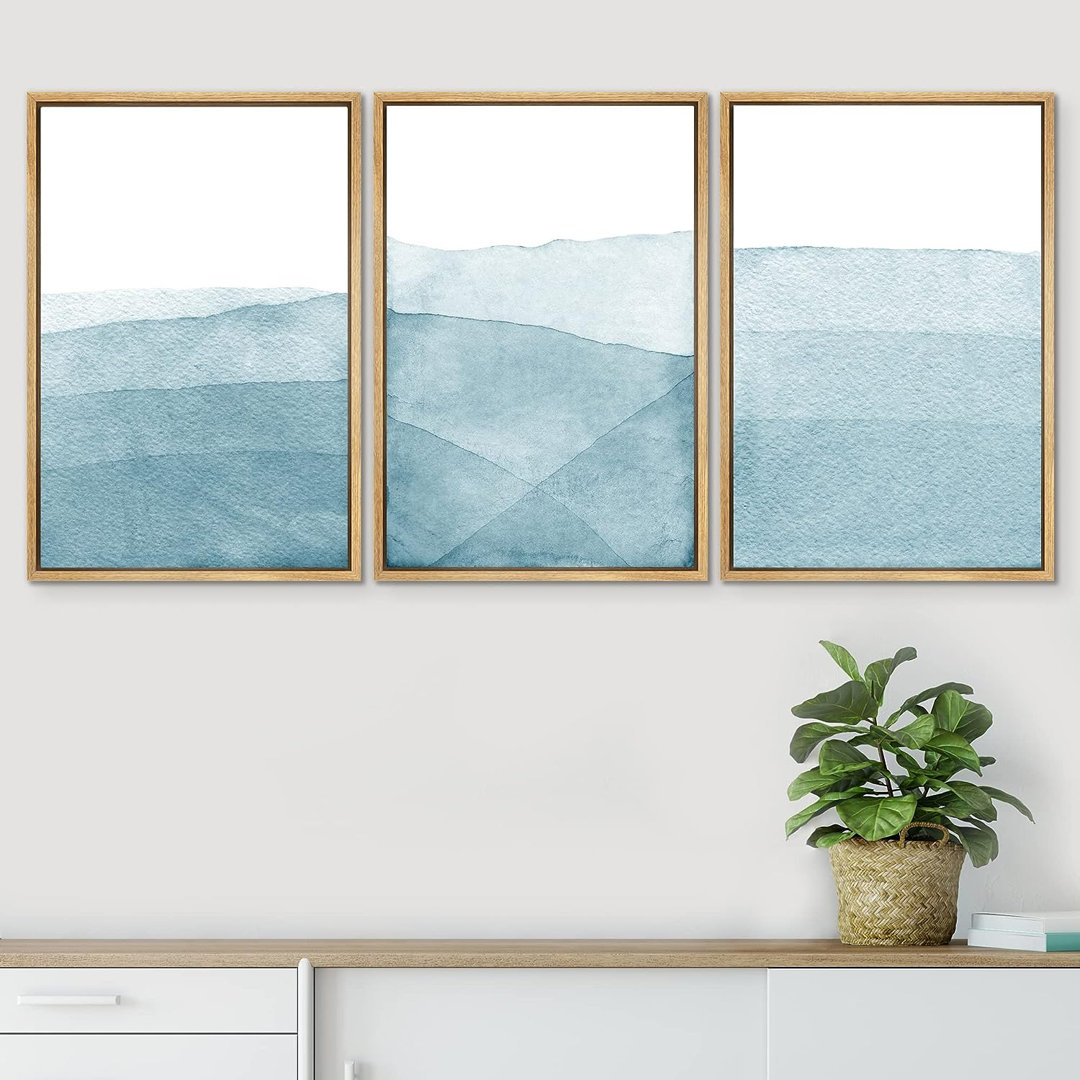 Minimal Landscape Watercolor Blue Wash Brushstroke Abstract Minimalist Picture Framed Canvas 3 Pieces Print Wall Art IDEA4WALL