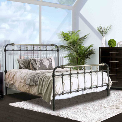 Transitional Style 1pc Bed Hand-brushed Antique Gold Accents Bedroom Furniture