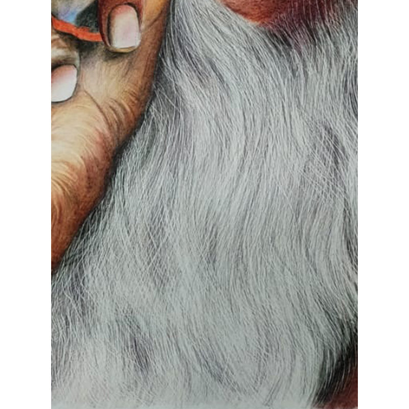 Fumeur Sadhu au crayon sur feuille de cartouche par Suman Das - 23,6 po x 16,5 po, art spirituel indien figuratif détaillé, décoration murale contemplative ascétique