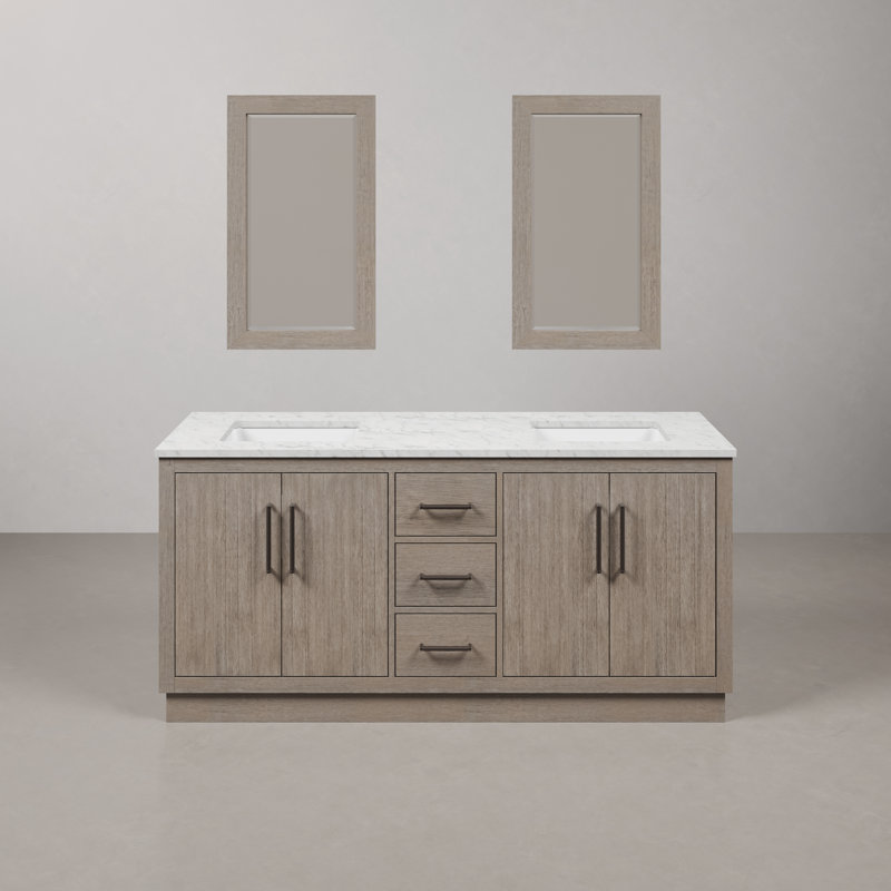 Hugo 72 In. Double Sink Carrara White Marble Countertop Vanity In Grey Oak With Mirrors, Oil Rubbed Bronze