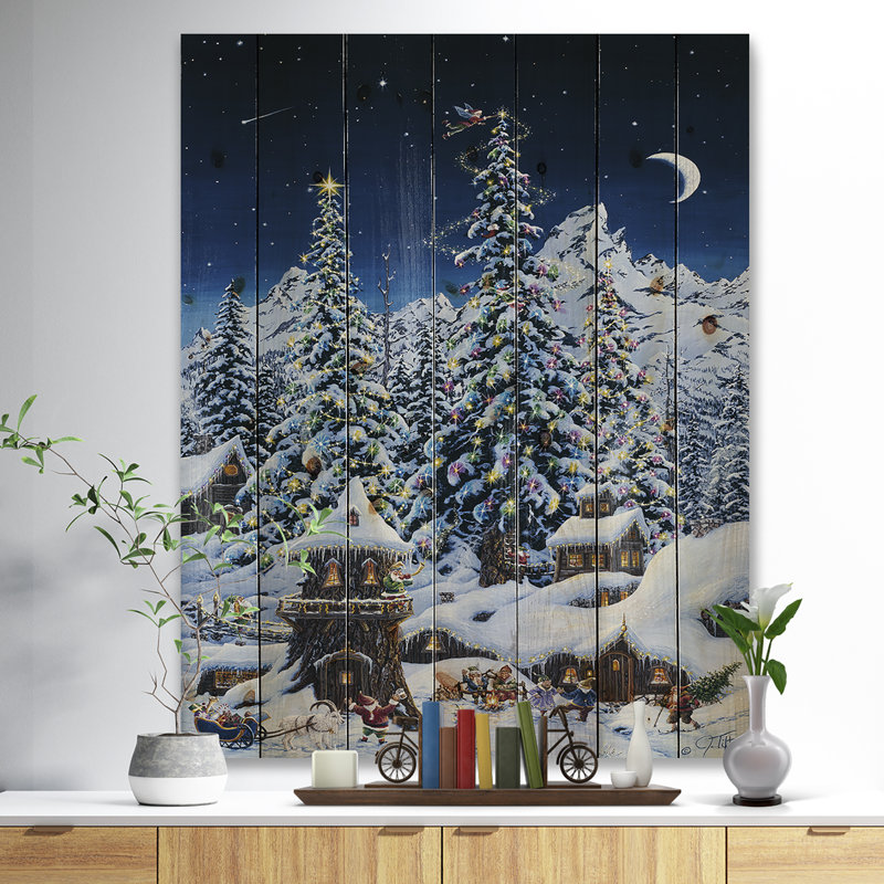 Elf maisons sous de grands arbres de Noël illuminés - reproduction d'art, H 46 po x l 36 po x P 0,78 po, Bois