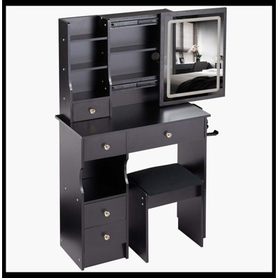 29.2" Small Size Left Drawer Desktop Vanity Table + Cushioned Stool, 2 AC+2 USB Power Station, Hair Dryer Bracket, Extra Large Touch Control Sliding LED Mirror, Tri-Color Switching, Brightness Adjust