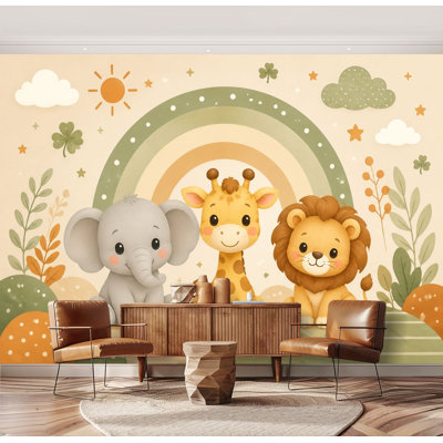 Adhésif mural pelez et collez Mignon animaux de la forêt Arc-en-ciel Éléphant Girafe Lion Grand papier peint autocollant amovible Papier contact mural pour le salon Chambre à coucher H 69 po x l 96 po