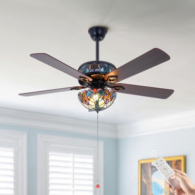 52" Vintage Ceiling Fan With Tiffany Stained Glass Shade – 6-Speed, Reversible Motor, Timing