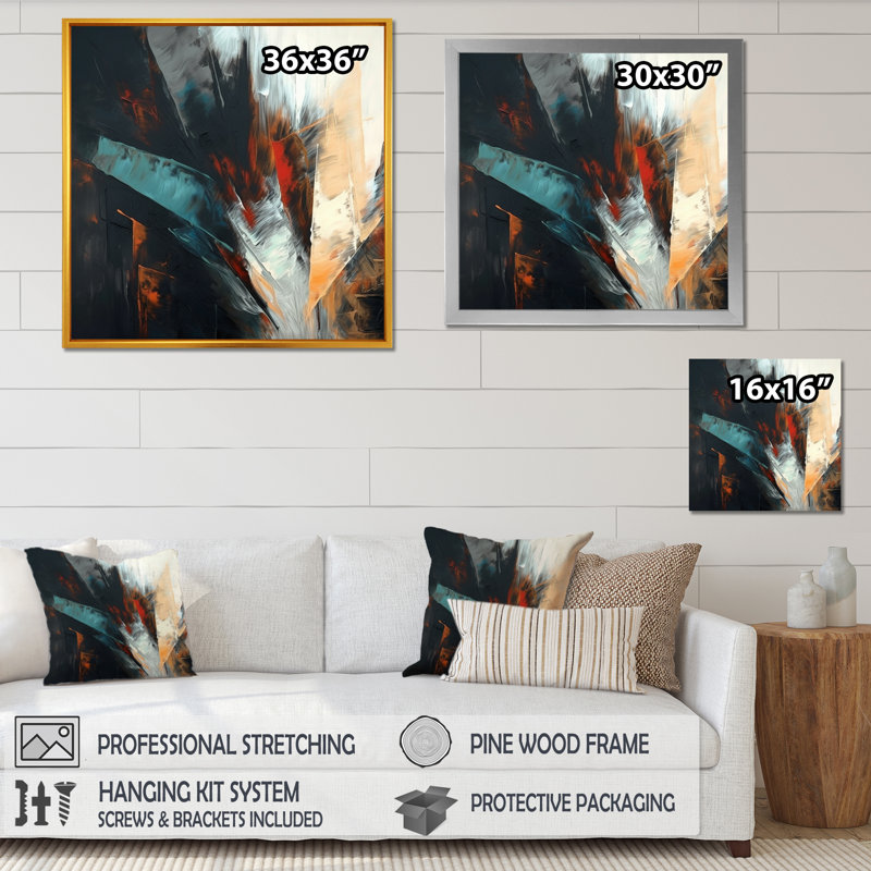 Orange et bleu abstrait couleurs mélangées II - minimalisme art mural salon, H 16 po x l 16 po x P 1 po, Cadre photo noir