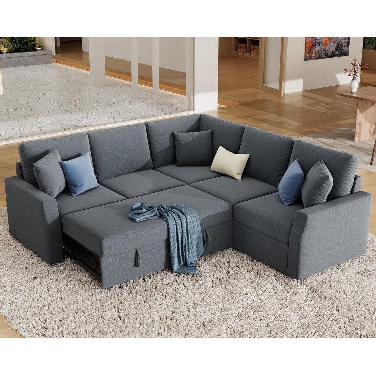 Sofa Bed, Sleeper Sofa with Pull Out Bed & Storage Seat, L Shape Sofa for Living Room, Beige Linen