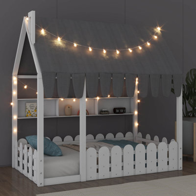Lit de sol pour enfants de style Montessori équipé d'une barrière de sécurité, d'un auvent, d'un éclairage et de trois unités de rangement