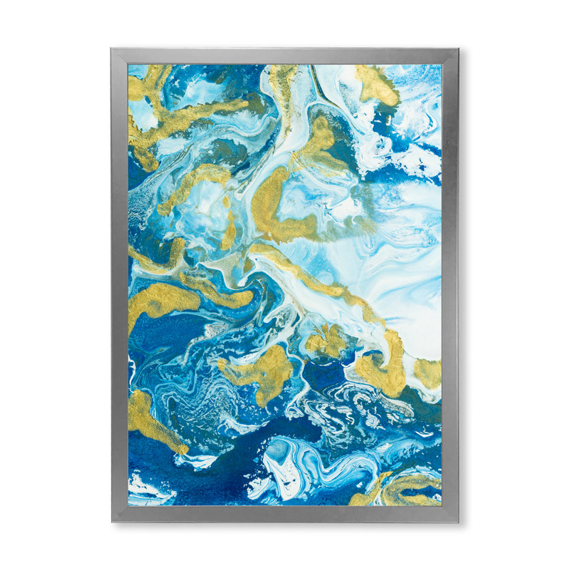 Marbre classique bleu et or, H 36 po x l 24 po, Toile argentée avec cadre photo